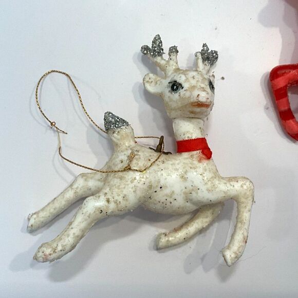 3 vintage plastic Reindeer Ornaments; 2 white and one red; glitter edges - Picture 3 of 8